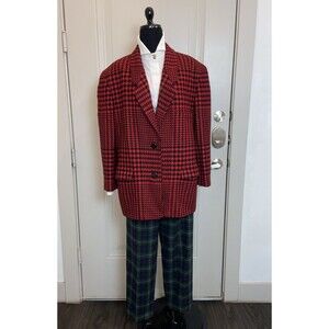VTG LINDA ALLARD FOR ELLEN TRACY WOOL BLAZER JACKET  RED BLACK PLAID SIZE 14